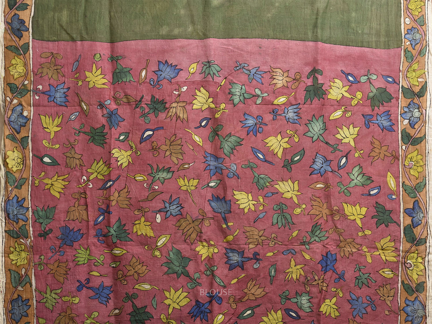 Green Kalamkari Hand Painted Cotton Saree with Big Floral and Peacocks Pallu Design KL0811