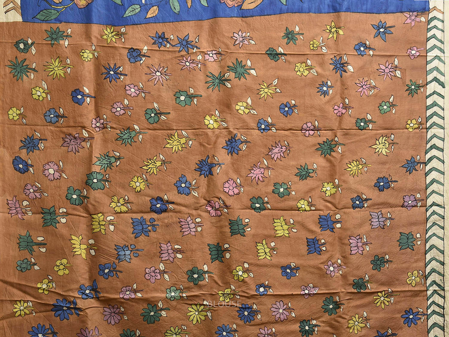 Blue and Fawn Hand Painted Silk Saree with Big Floral and Peacocks Pallu Design KL0812