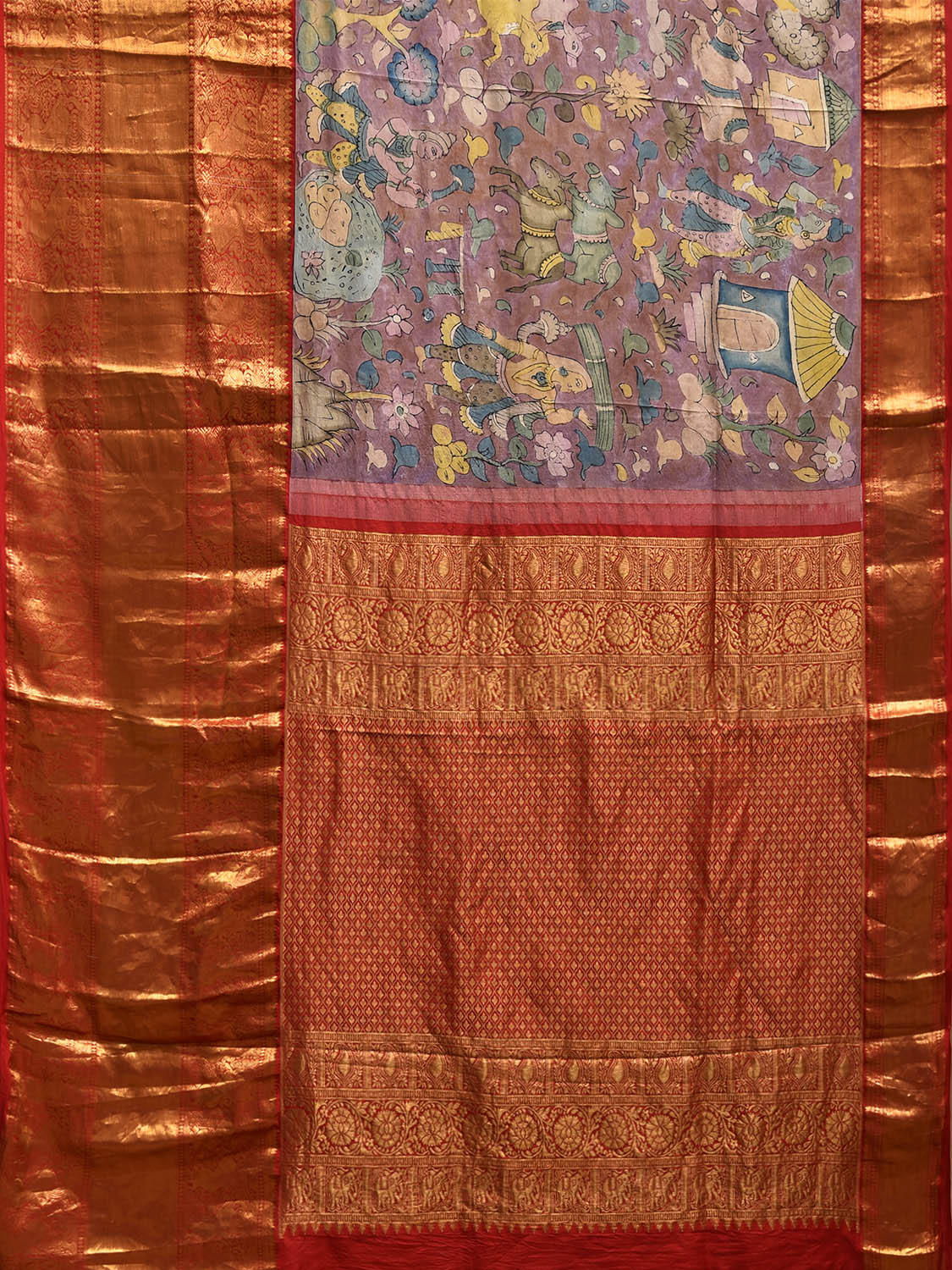 Light Burdungy and Red Kalamkari Hand Painted Kanchipuram Silk Handloom Saree with Village Theme Design KL0813