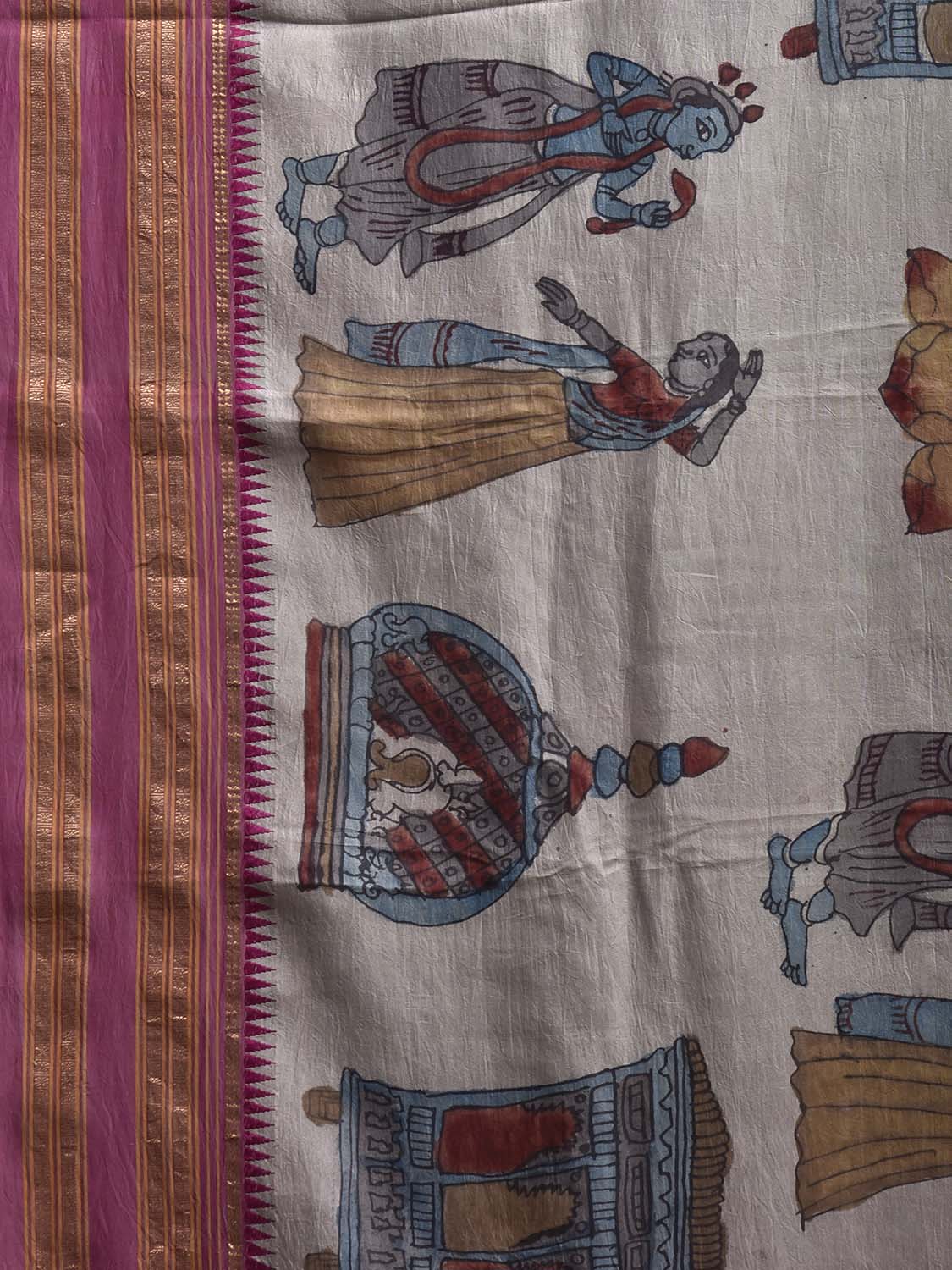 Light Grey and Pink Kalamkari Hand Painted Narayanpet Silk Saree with Krishna Design No Blouse KL0815