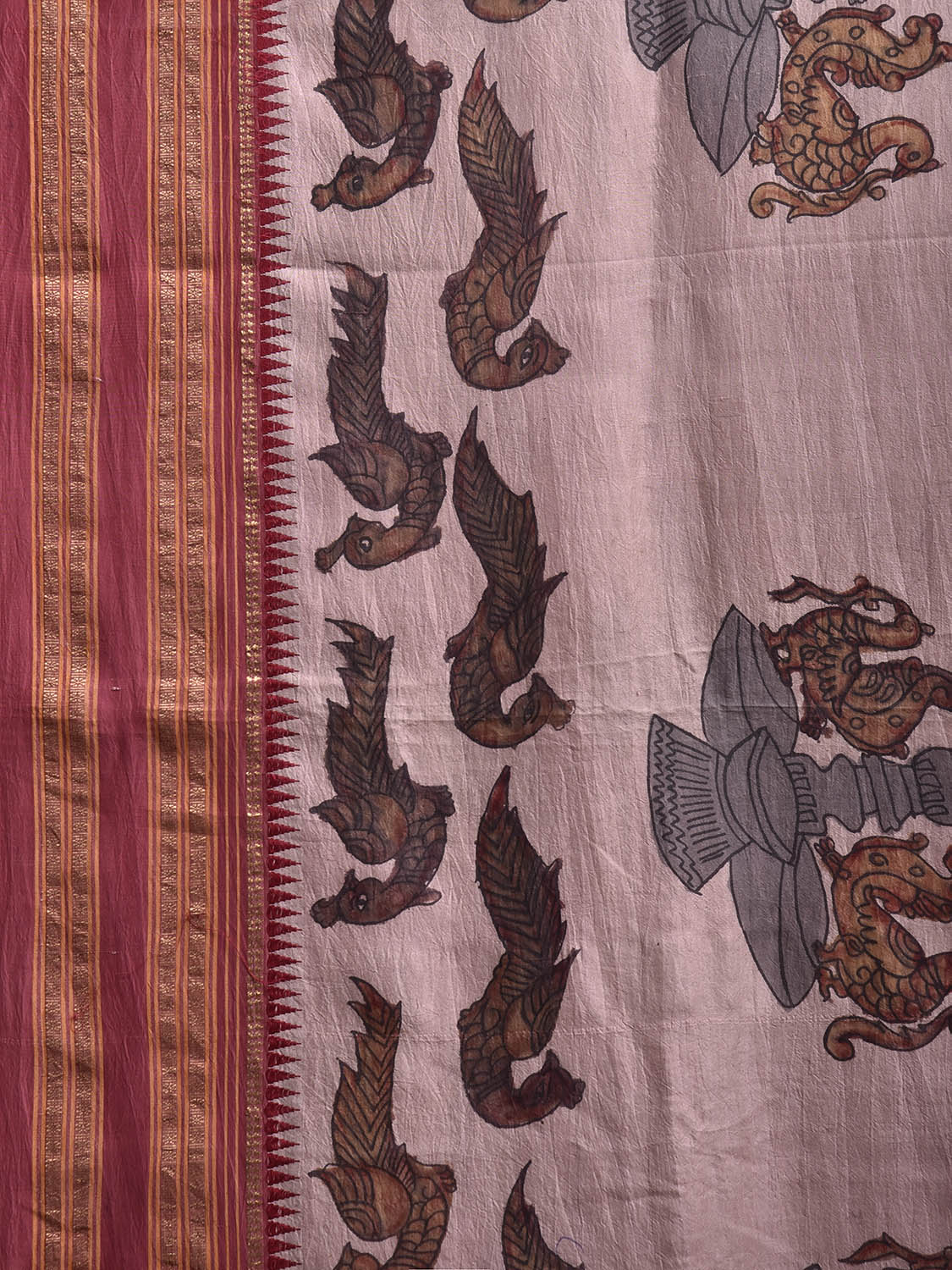 Red Kalamkari Hand Painted Narayanpet Silk Saree with Peacocks Design No Blouse KL0817