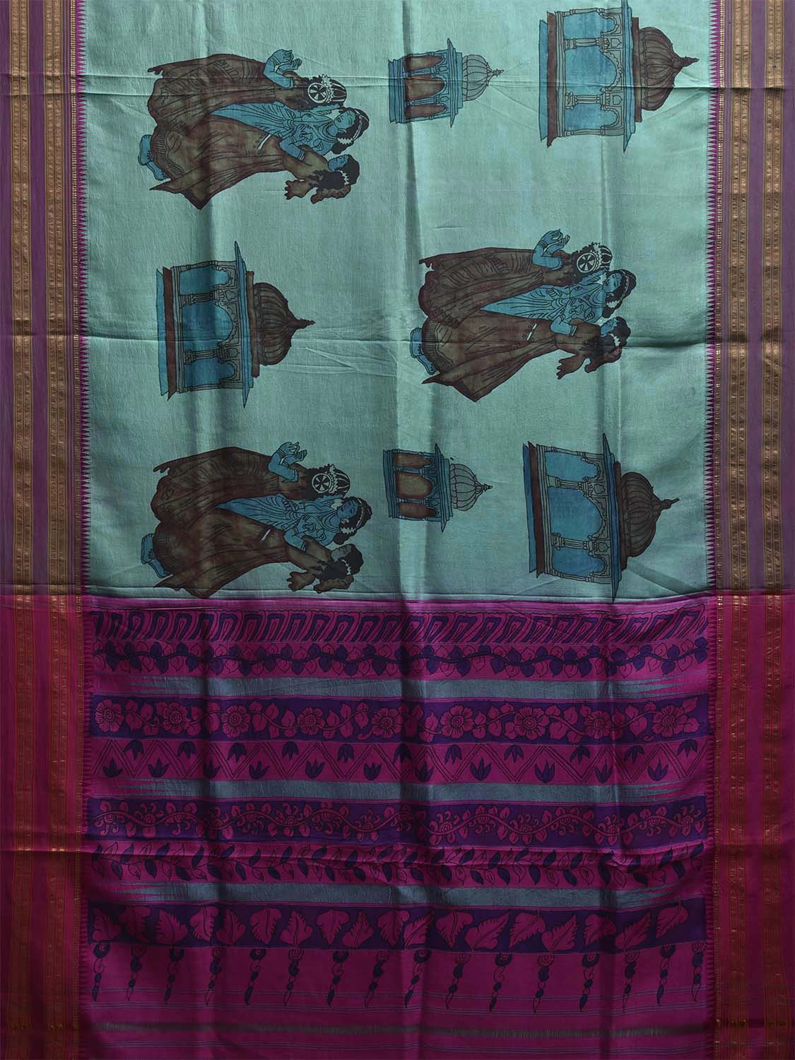Turquoise and Pink Kalamkari Hand Painted Narayanpet Silk Saree with Krishna Design No Blouse KL0819
