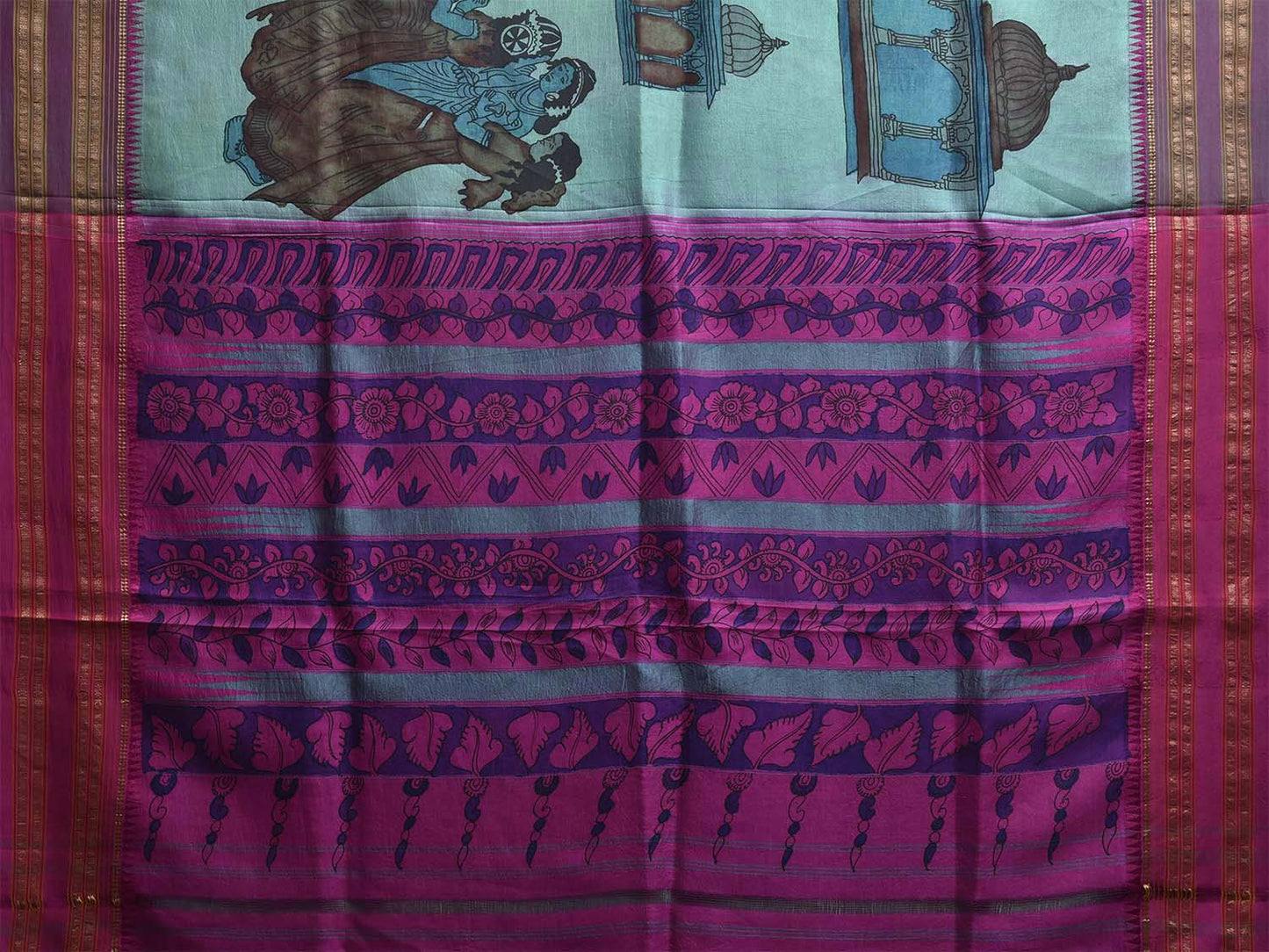 Turquoise and Pink Kalamkari Hand Painted Narayanpet Silk Saree with Krishna Design No Blouse KL0819