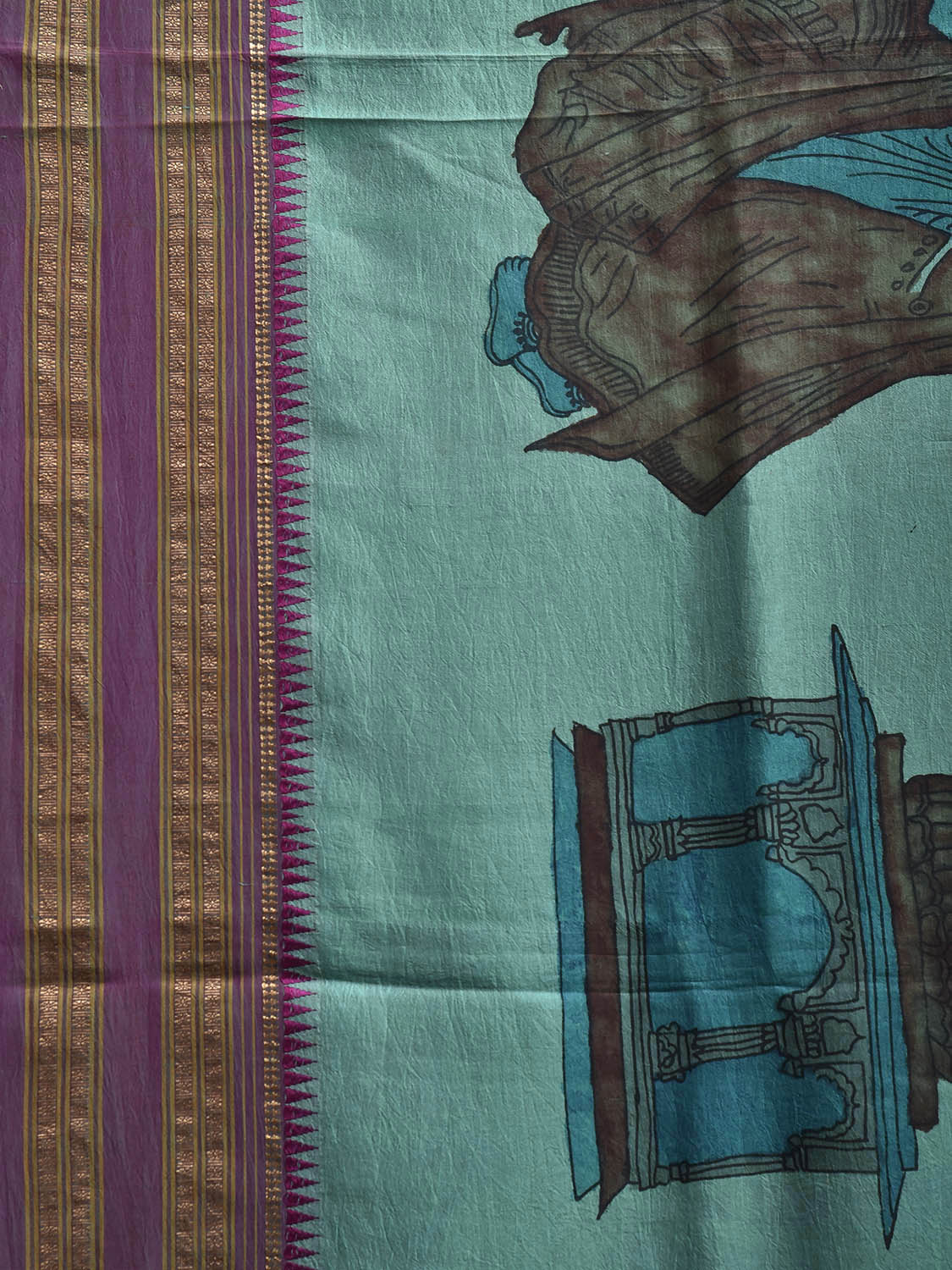 Turquoise and Pink Kalamkari Hand Painted Narayanpet Silk Saree with Krishna Design No Blouse KL0819