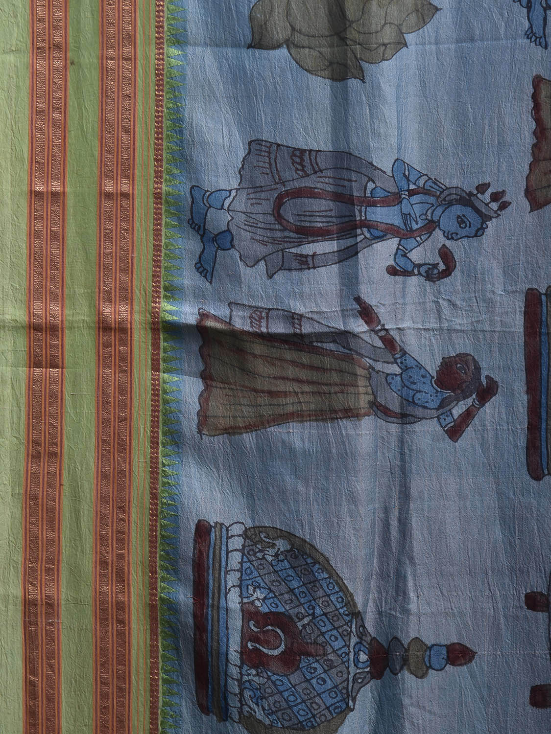 Light Blue and Light Green Kalamkari Hand Painted Narayanpet Silk Saree with Krishna Design No Blouse KL0821