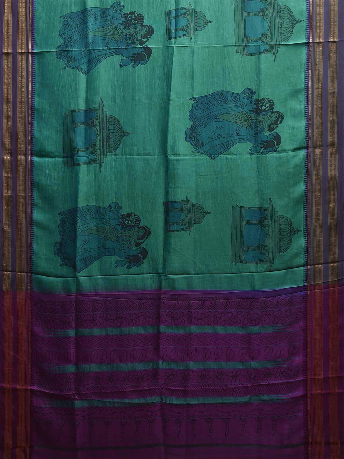Turquoise and Purple Kalamkari Hand Painted Narayanpet Silk Saree with Krishna Design No Blouse KL0824