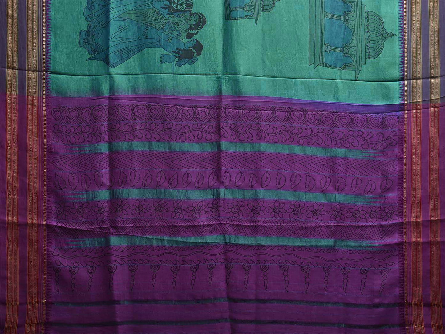 Turquoise and Purple Kalamkari Hand Painted Narayanpet Silk Saree with Krishna Design No Blouse KL0824