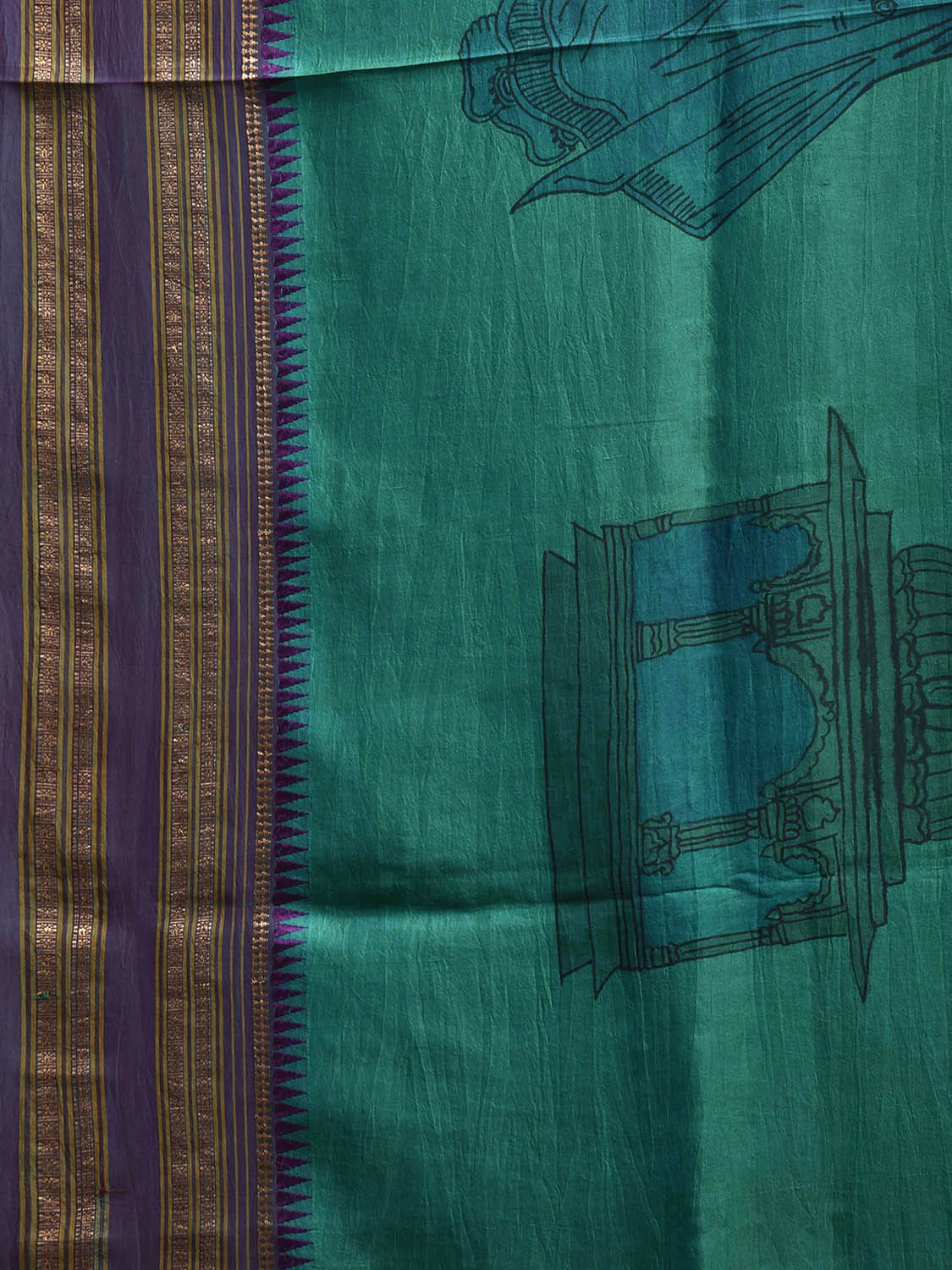 Turquoise and Purple Kalamkari Hand Painted Narayanpet Silk Saree with Krishna Design No Blouse KL0824