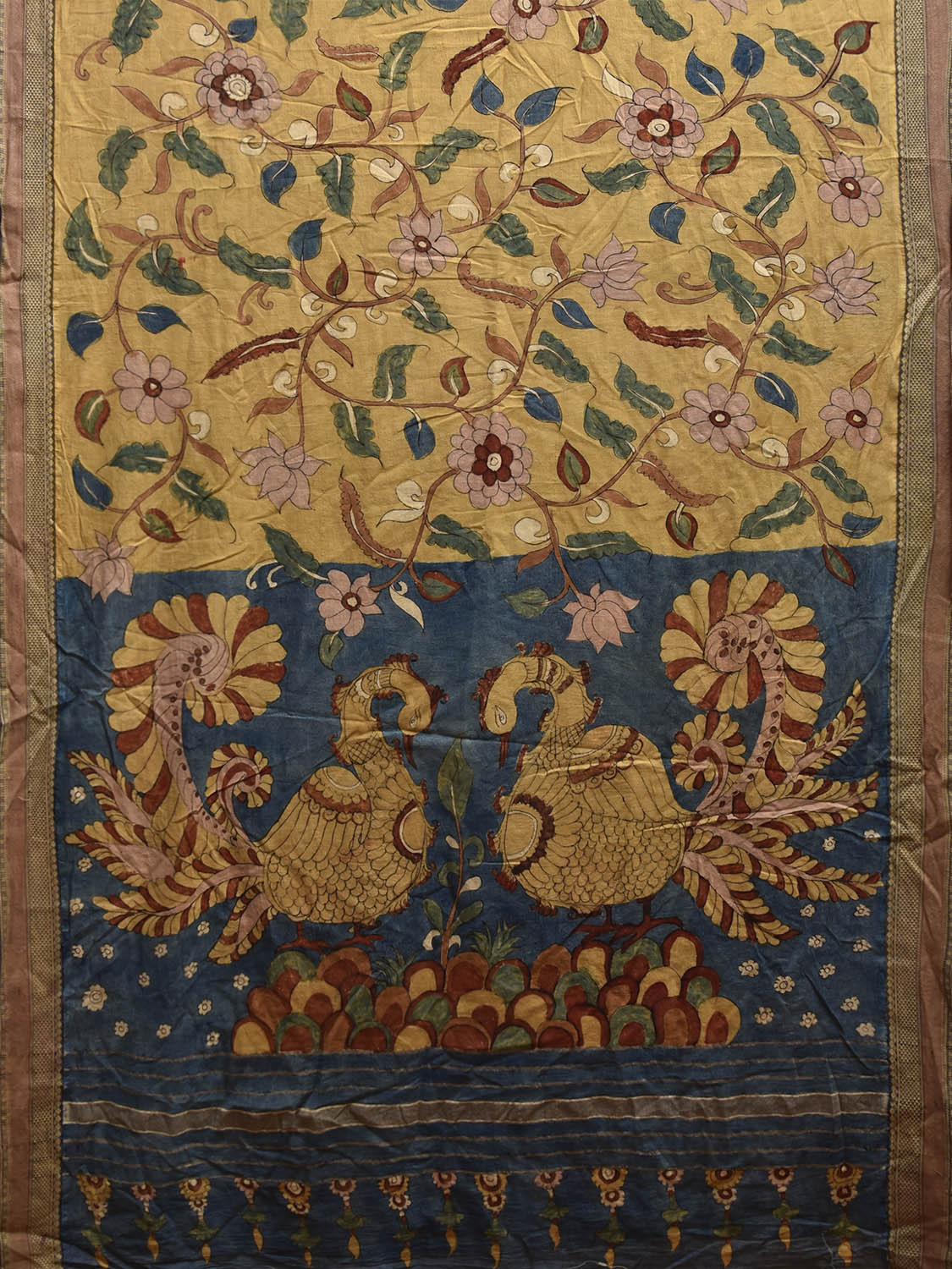 Yellow and Blue Kalamkari Hand Painted Cotton Saree with Floral and Peacocks Pallu Design KL0827