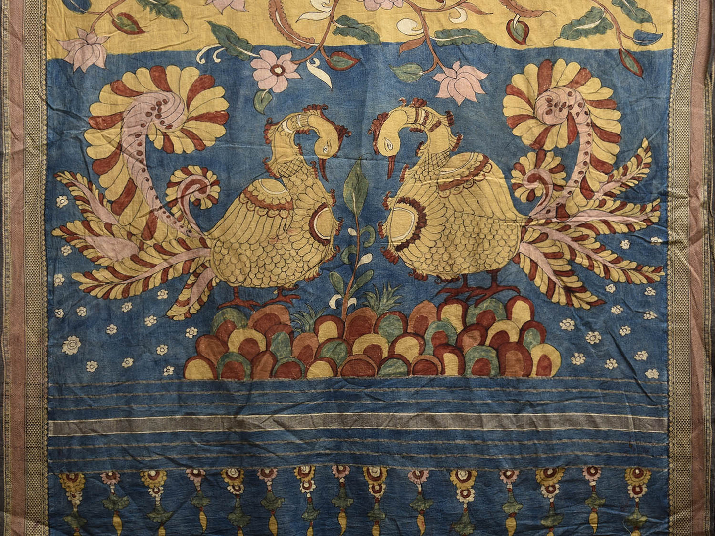 Yellow and Blue Kalamkari Hand Painted Cotton Saree with Floral and Peacocks Pallu Design KL0827
