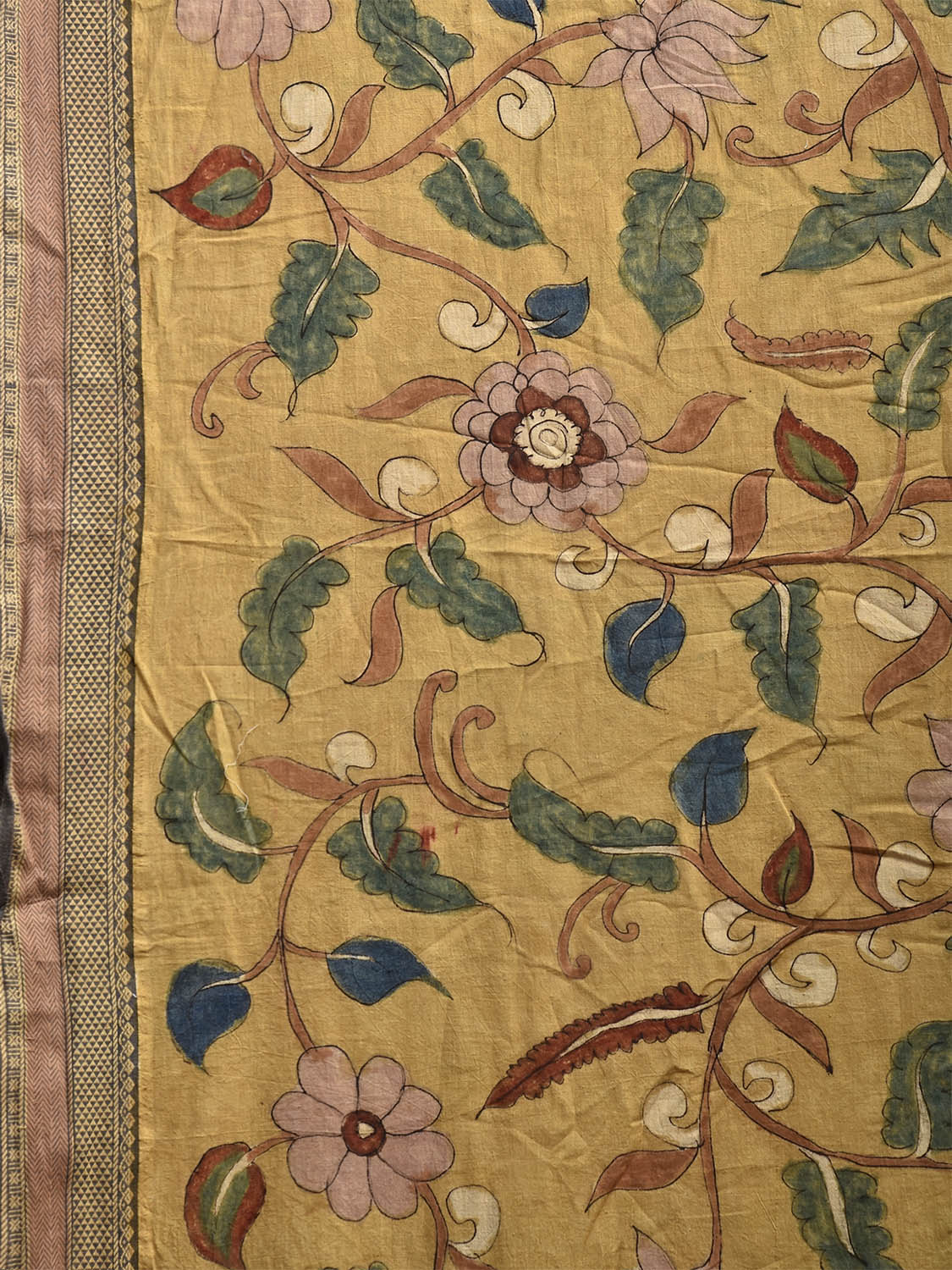 Yellow and Blue Kalamkari Hand Painted Cotton Saree with Floral and Peacocks Pallu Design KL0827