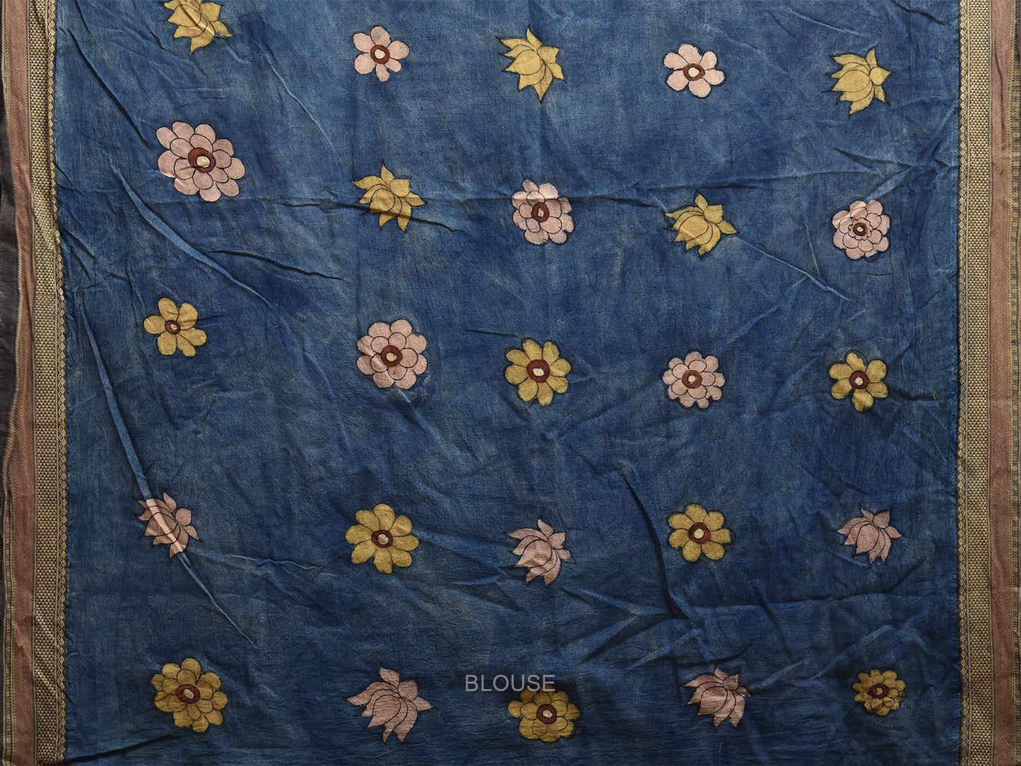 Yellow and Blue Kalamkari Hand Painted Cotton Saree with Floral and Peacocks Pallu Design KL0827