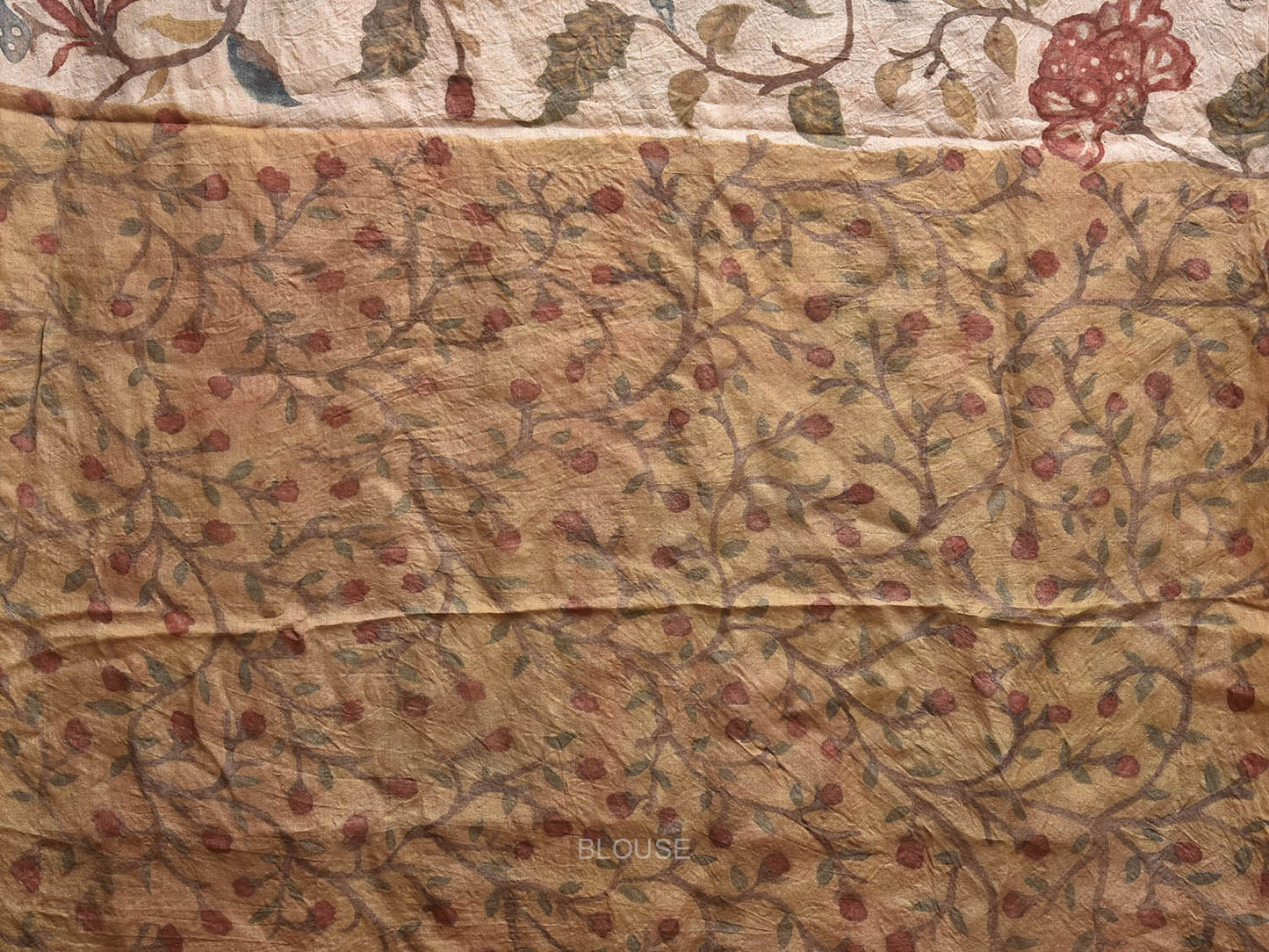 Cream and Mustard Kalamkari Hand Painted Tussar Handloom Saree with Floral Design KL0829