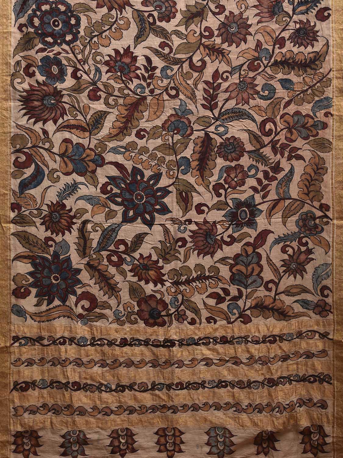Cream Kalamkari Hand Painted Cotton Handloom Saree with Floral Design KL0831