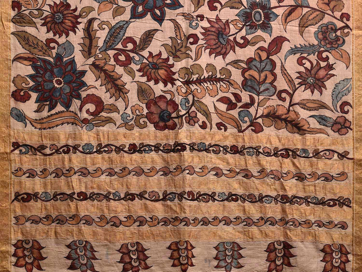 Cream Kalamkari Hand Painted Cotton Handloom Saree with Floral Design KL0831