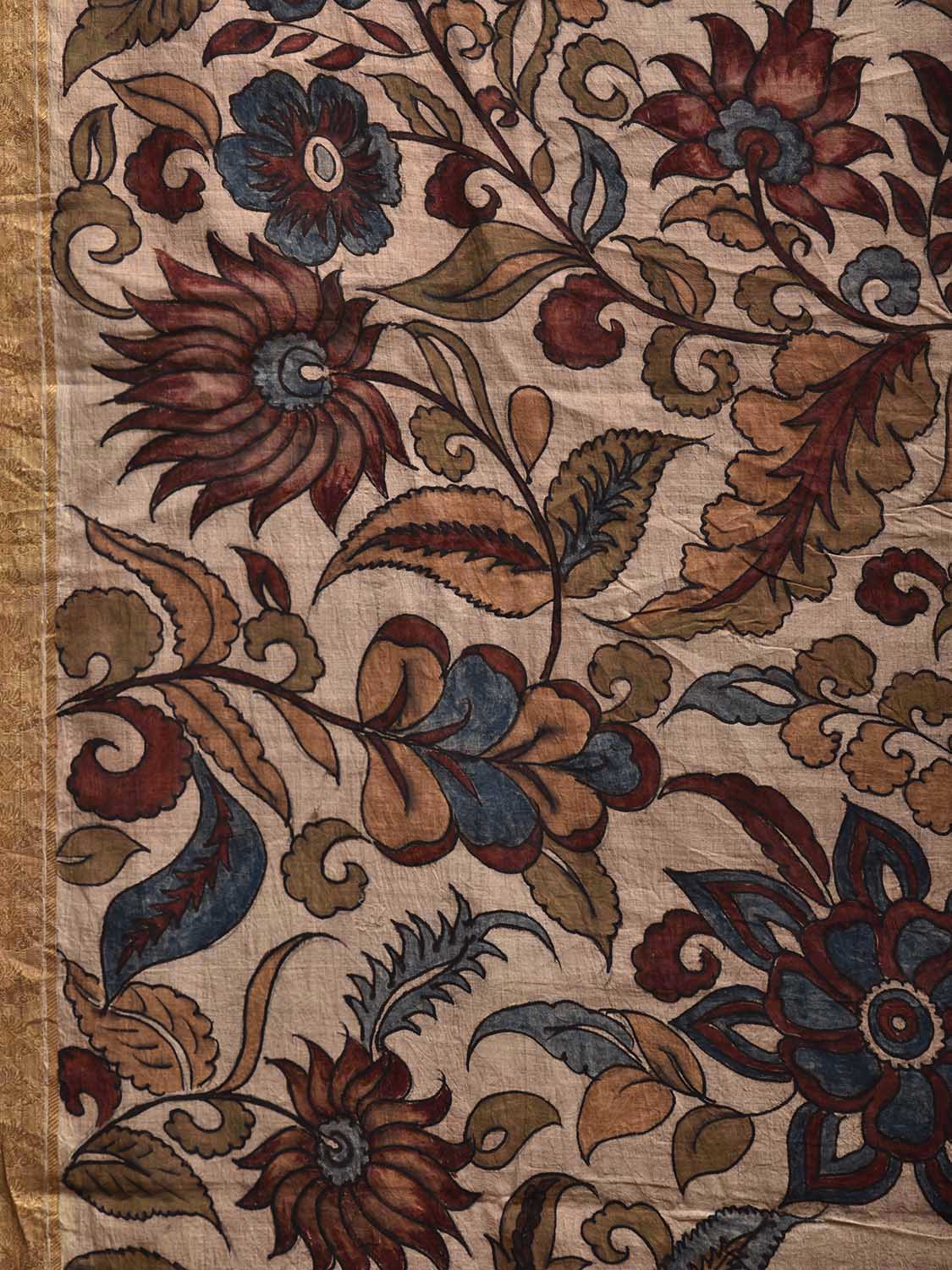 Cream Kalamkari Hand Painted Cotton Handloom Saree with Floral Design KL0831