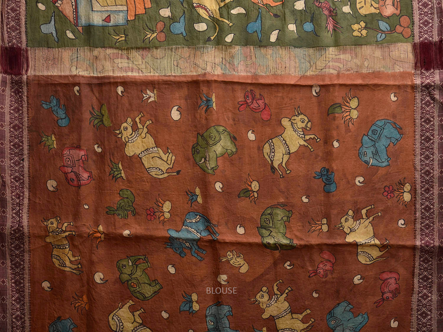 Green and Fawn Kalamkari Hand Painted Tussar Handloom Saree with Village Theme Design KL0835