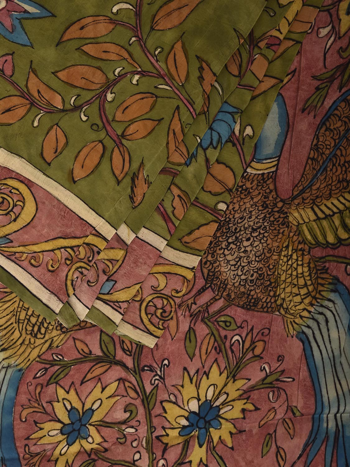 Green and Peach Kalamkari Hand Painted Crepe Saree with Floral and Birds Pallu Design KL0837