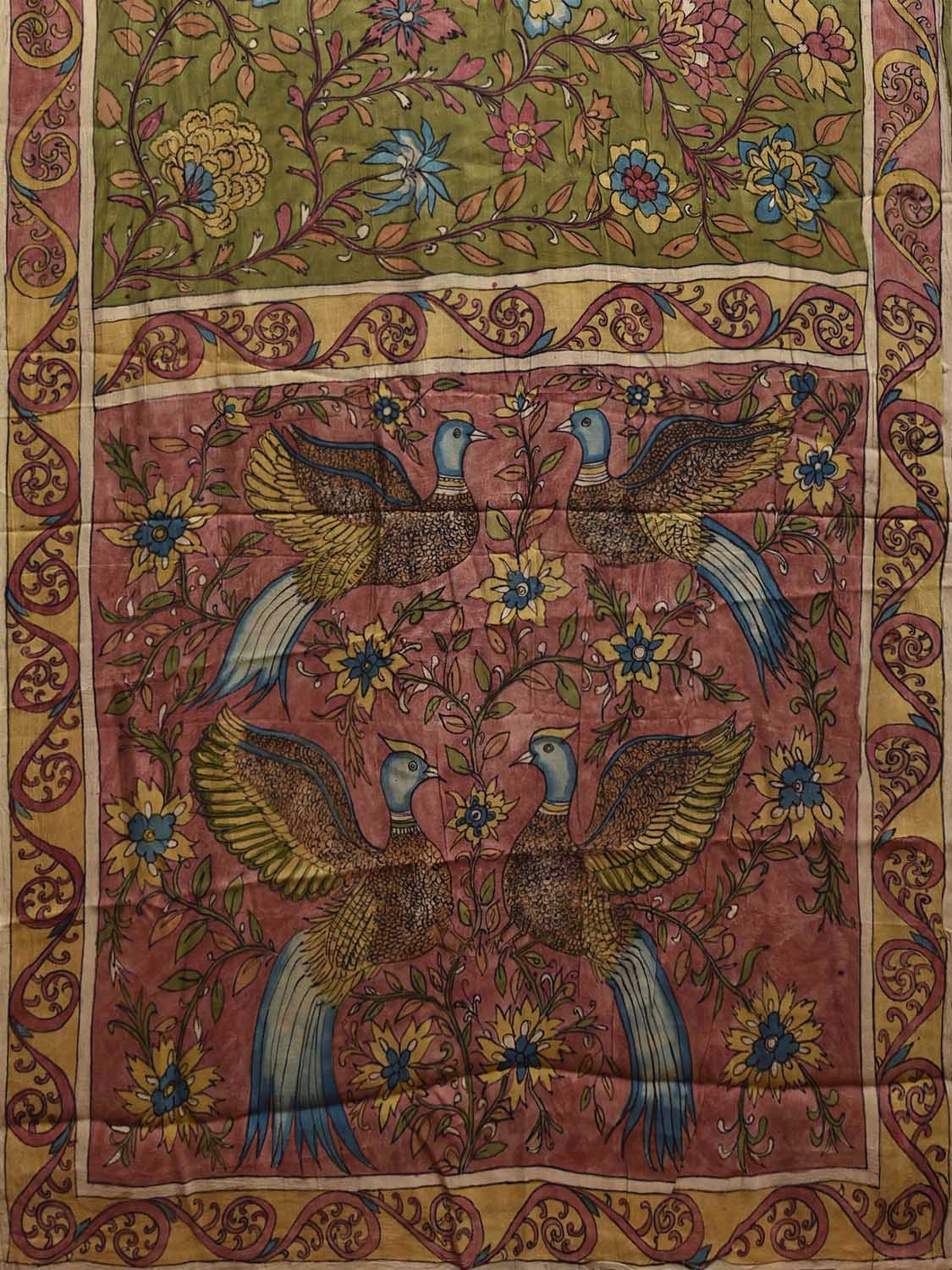 Green and Peach Kalamkari Hand Painted Crepe Saree with Floral and Birds Pallu Design KL0837
