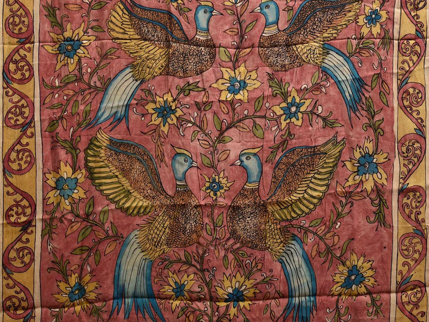Green and Peach Kalamkari Hand Painted Crepe Saree with Floral and Birds Pallu Design KL0837