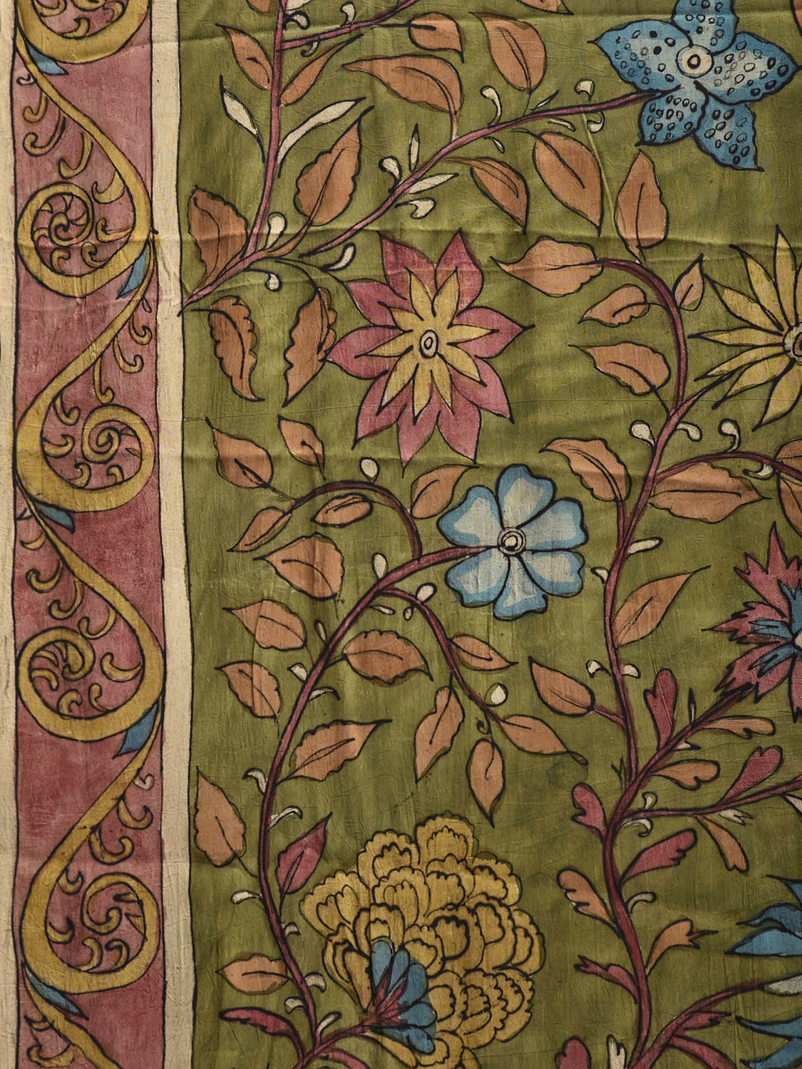 Green and Peach Kalamkari Hand Painted Crepe Saree with Floral and Birds Pallu Design KL0837