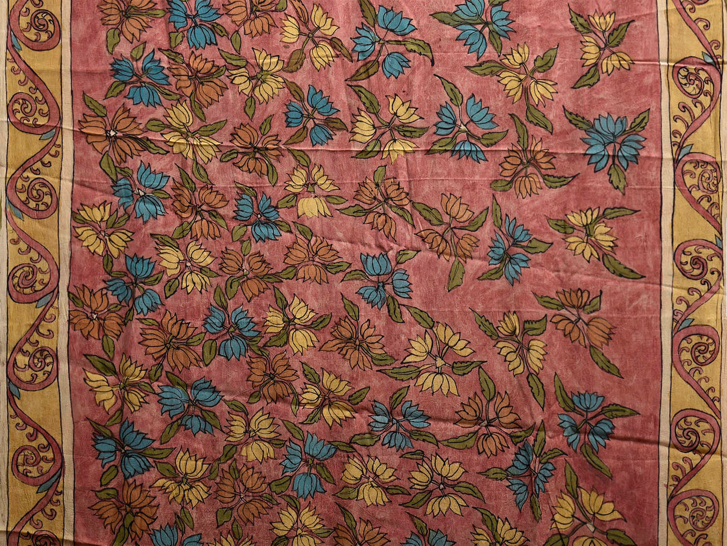 Green and Peach Kalamkari Hand Painted Crepe Saree with Floral and Birds Pallu Design KL0837