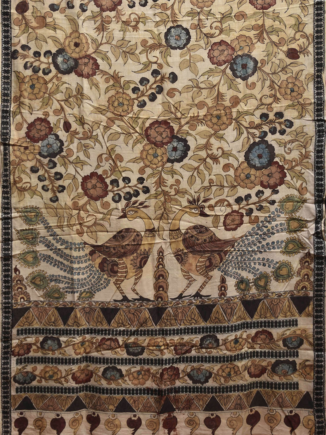 Cream Kalamkari Hand Painted Tussar Handloom Saree with Floral and Peacocks Pallu Design KL0838