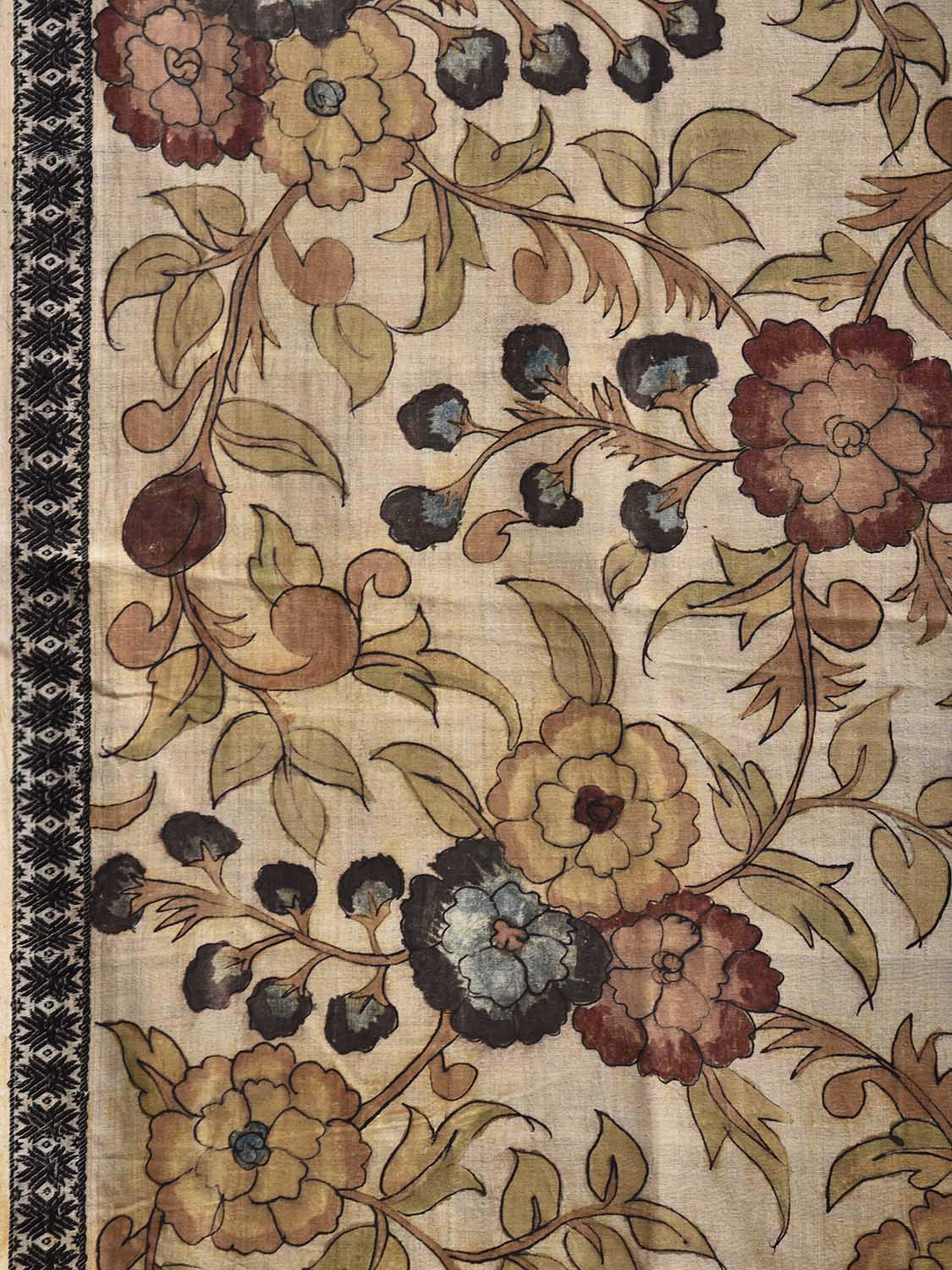 Cream Kalamkari Hand Painted Tussar Handloom Saree with Floral and Peacocks Pallu Design KL0838