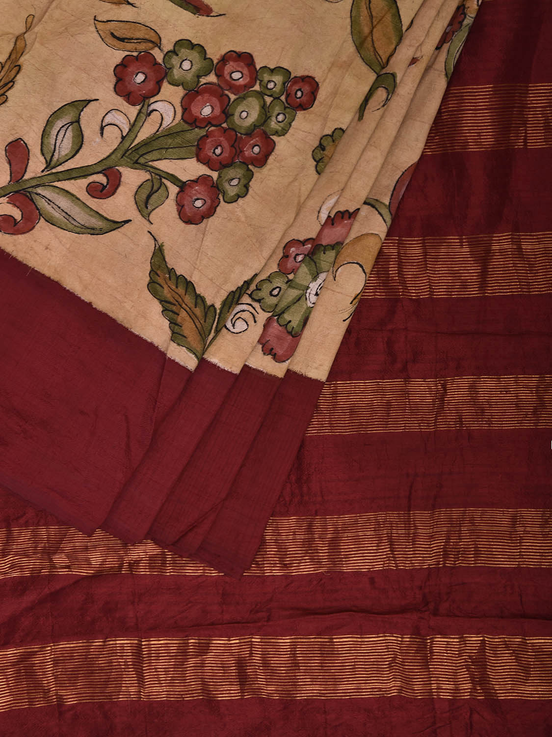 Cream and Maroon Kalamkari Hand Painted Gadwal Silk Handloom Saree with Floral Design No Blouse KL0840