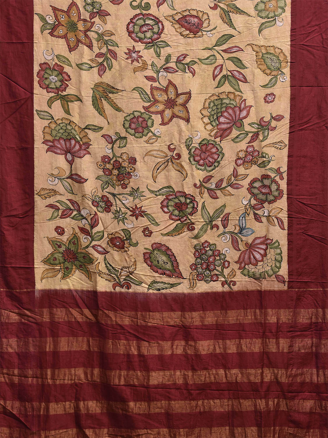 Cream and Maroon Kalamkari Hand Painted Gadwal Silk Handloom Saree with Floral Design No Blouse KL0840