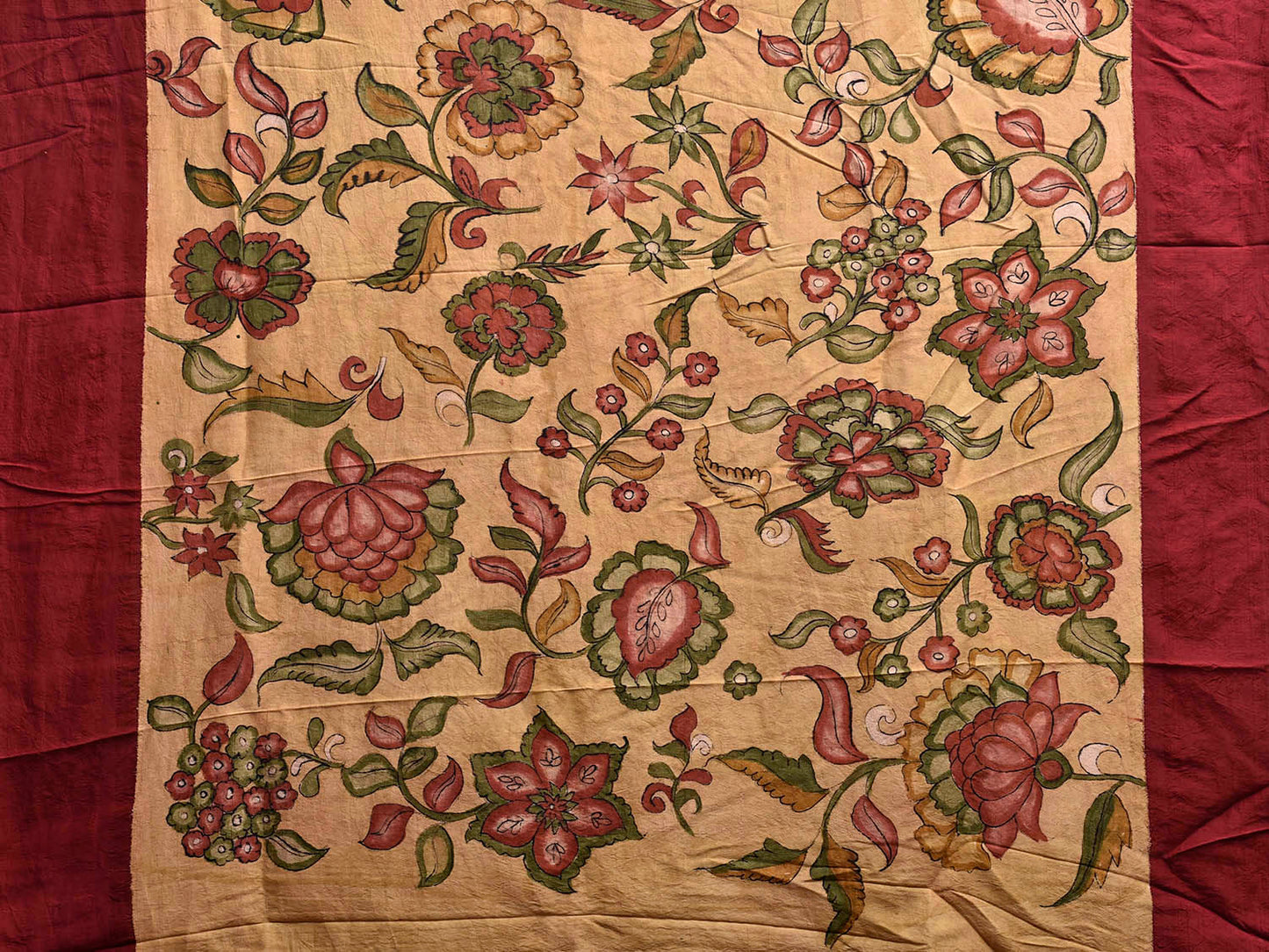 Cream and Maroon Kalamkari Hand Painted Gadwal Silk Handloom Saree with Floral Design No Blouse KL0840