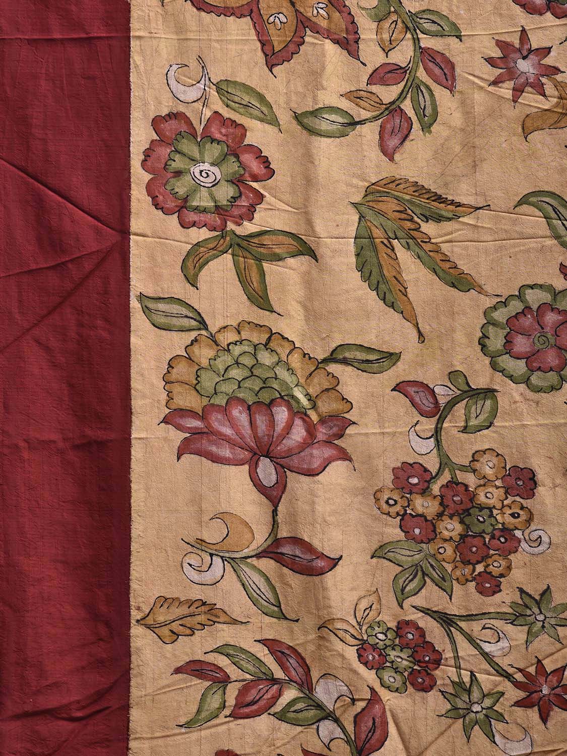 Cream and Maroon Kalamkari Hand Painted Gadwal Silk Handloom Saree with Floral Design No Blouse KL0840