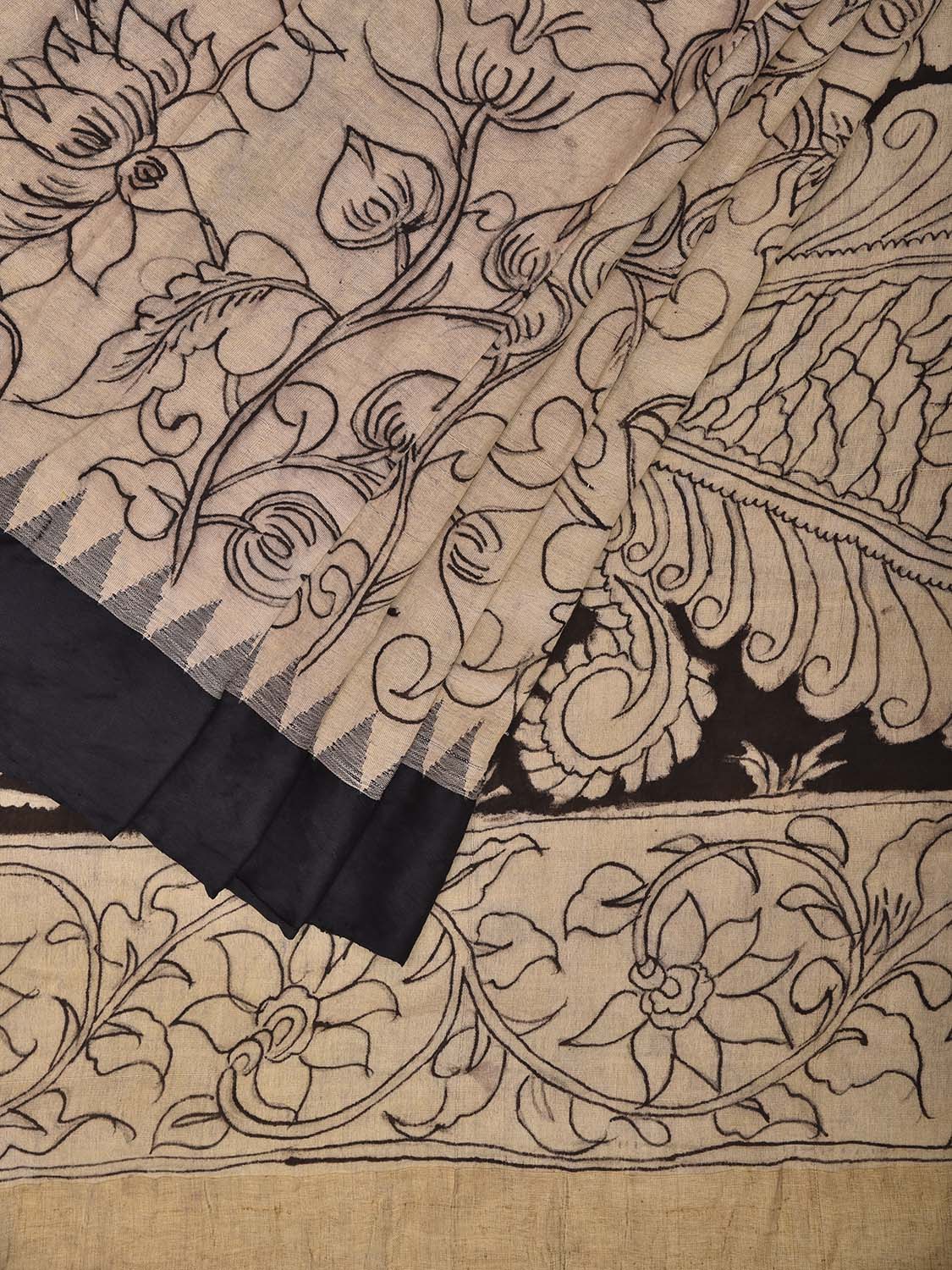 White and Black Kalamkari Hand Painted Khadi Cotton Handloom Saree with Floral and Peacock Pallu Design KL0841