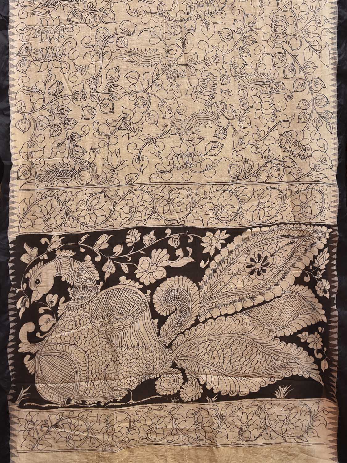 White and Black Kalamkari Hand Painted Khadi Cotton Handloom Saree with Floral and Peacock Pallu Design KL0841