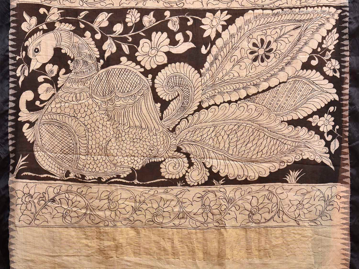 White and Black Kalamkari Hand Painted Khadi Cotton Handloom Saree with Floral and Peacock Pallu Design KL0841