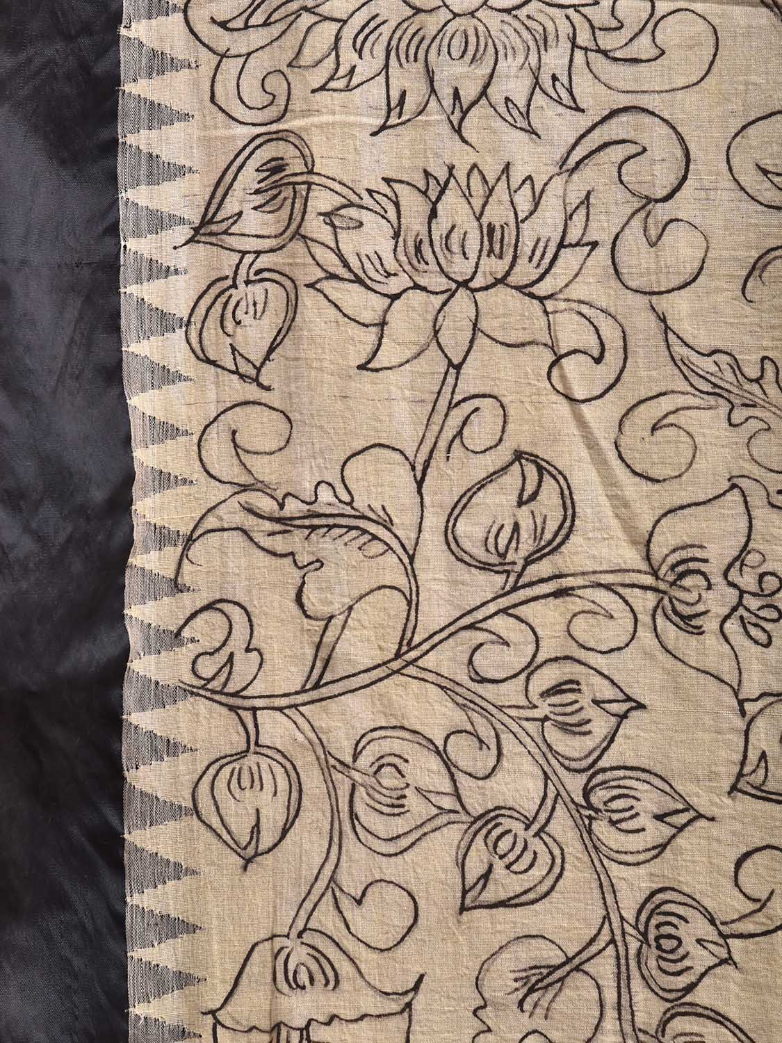White and Black Kalamkari Hand Painted Khadi Cotton Handloom Saree with Floral and Peacock Pallu Design KL0841