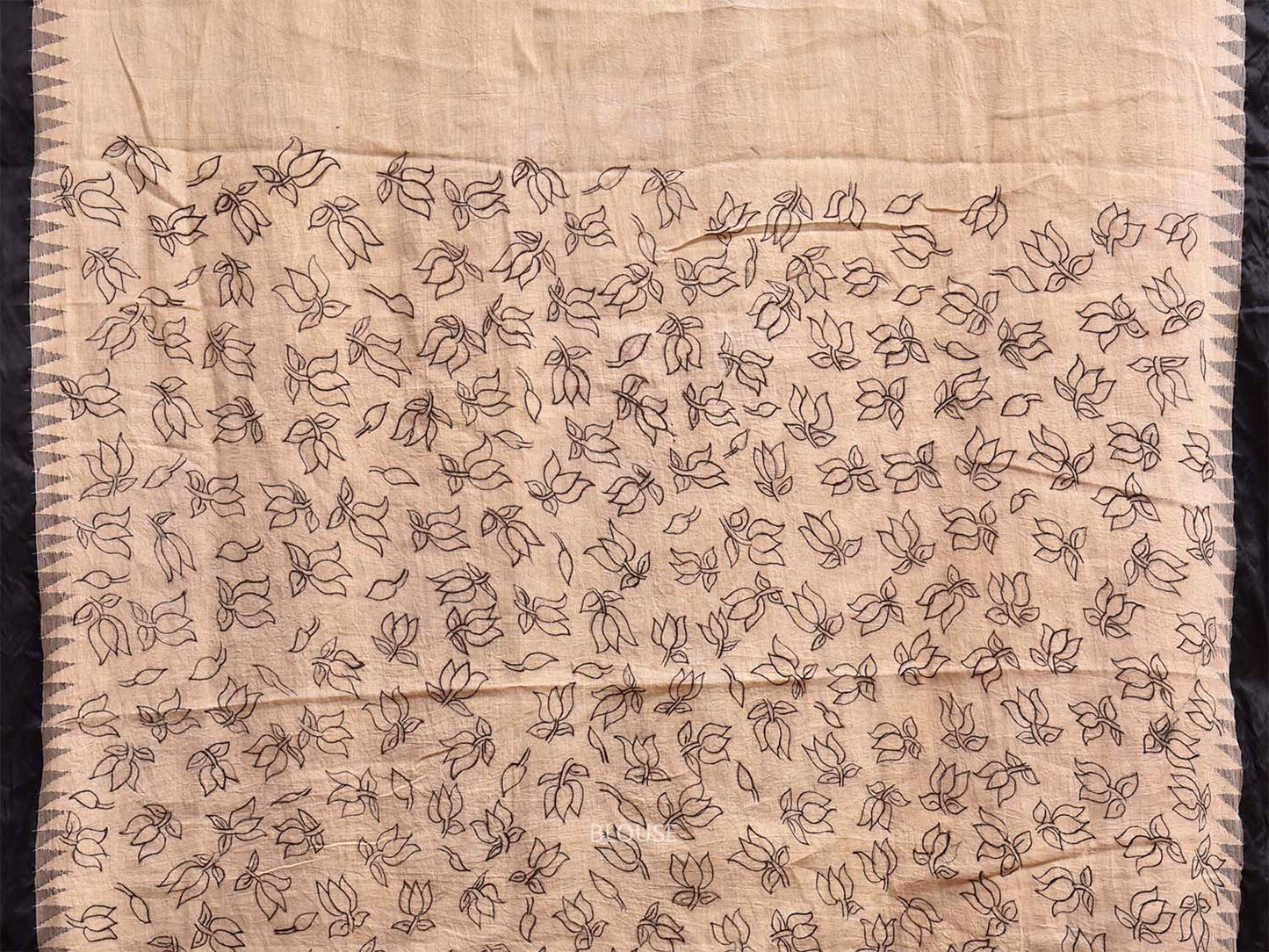 White and Black Kalamkari Hand Painted Khadi Cotton Handloom Saree with Floral and Peacock Pallu Design KL0841