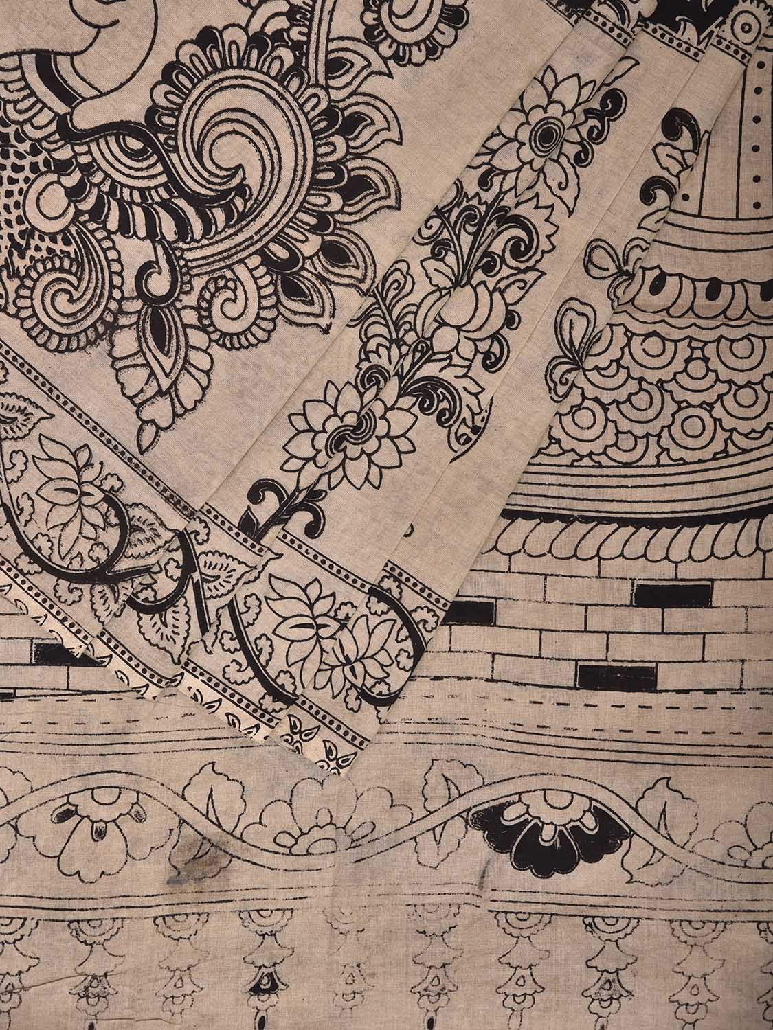 White and Black Kalamkari Digital Print Cotton Saree with Floral Body and Peacock Border-Pallu Design KL0842