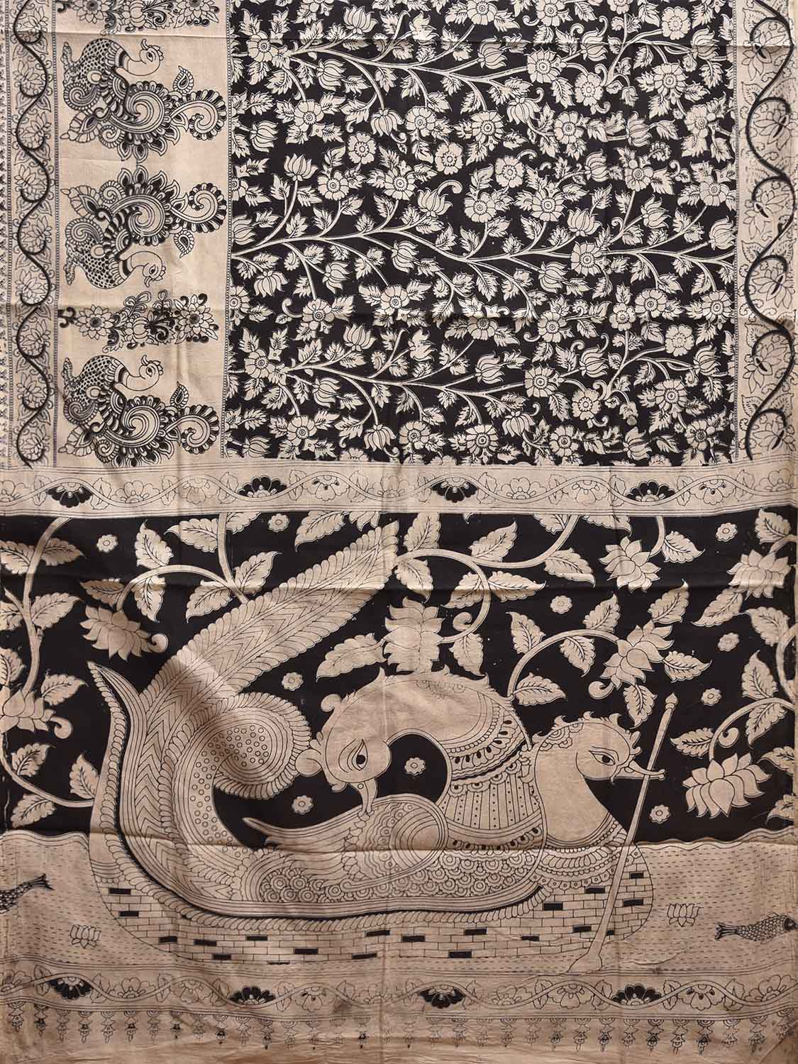 White and Black Kalamkari Digital Print Cotton Saree with Floral Body and Peacock Border-Pallu Design KL0842