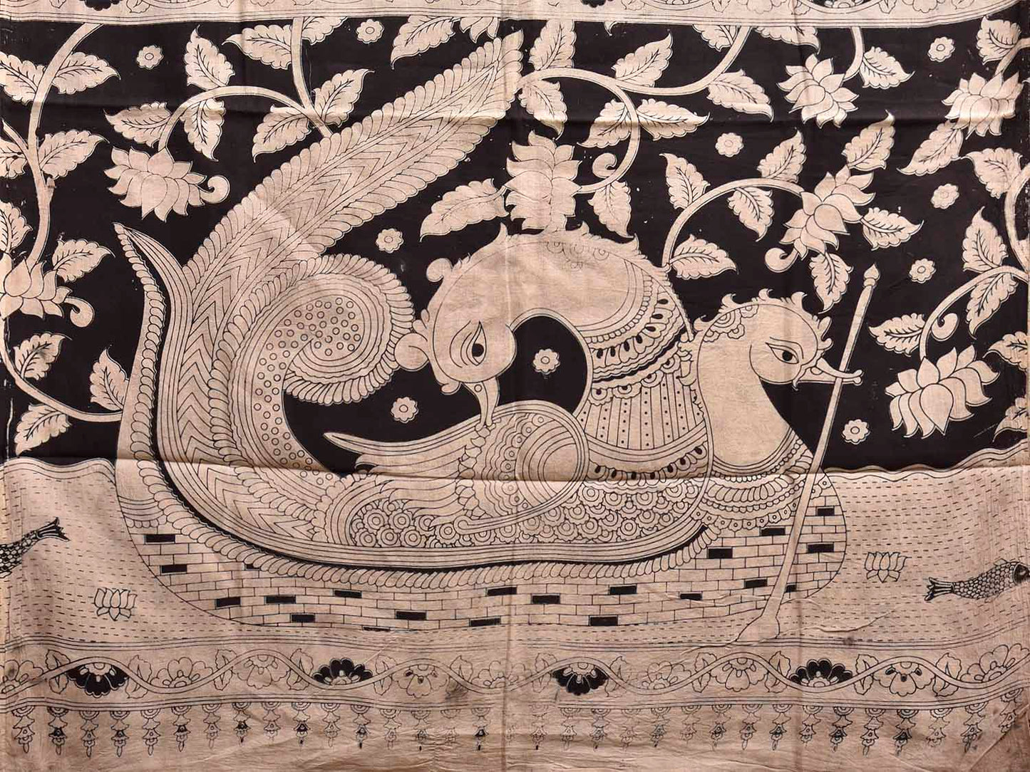 White and Black Kalamkari Digital Print Cotton Saree with Floral Body and Peacock Border-Pallu Design KL0842