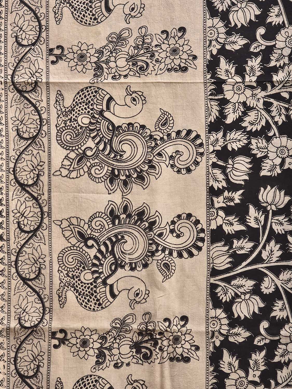 White and Black Kalamkari Digital Print Cotton Saree with Floral Body and Peacock Border-Pallu Design KL0842