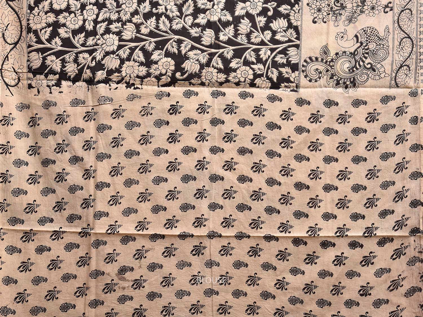 White and Black Kalamkari Digital Print Cotton Saree with Floral Body and Peacock Border-Pallu Design KL0842