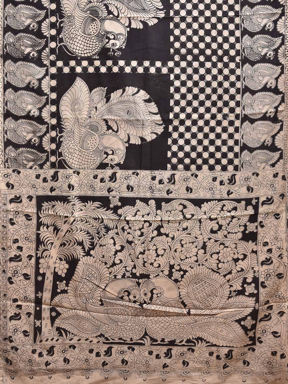 White and Black Kalamkari Digital Print Cotton Saree with Chequered and Peacocks Body Design KL0843