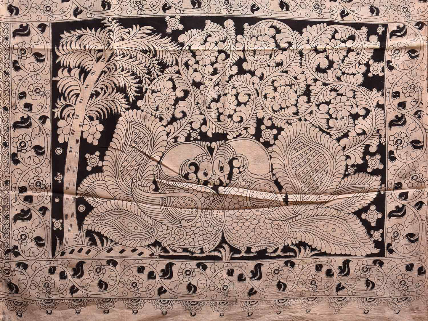 White and Black Kalamkari Digital Print Cotton Saree with Chequered and Peacocks Body Design KL0843