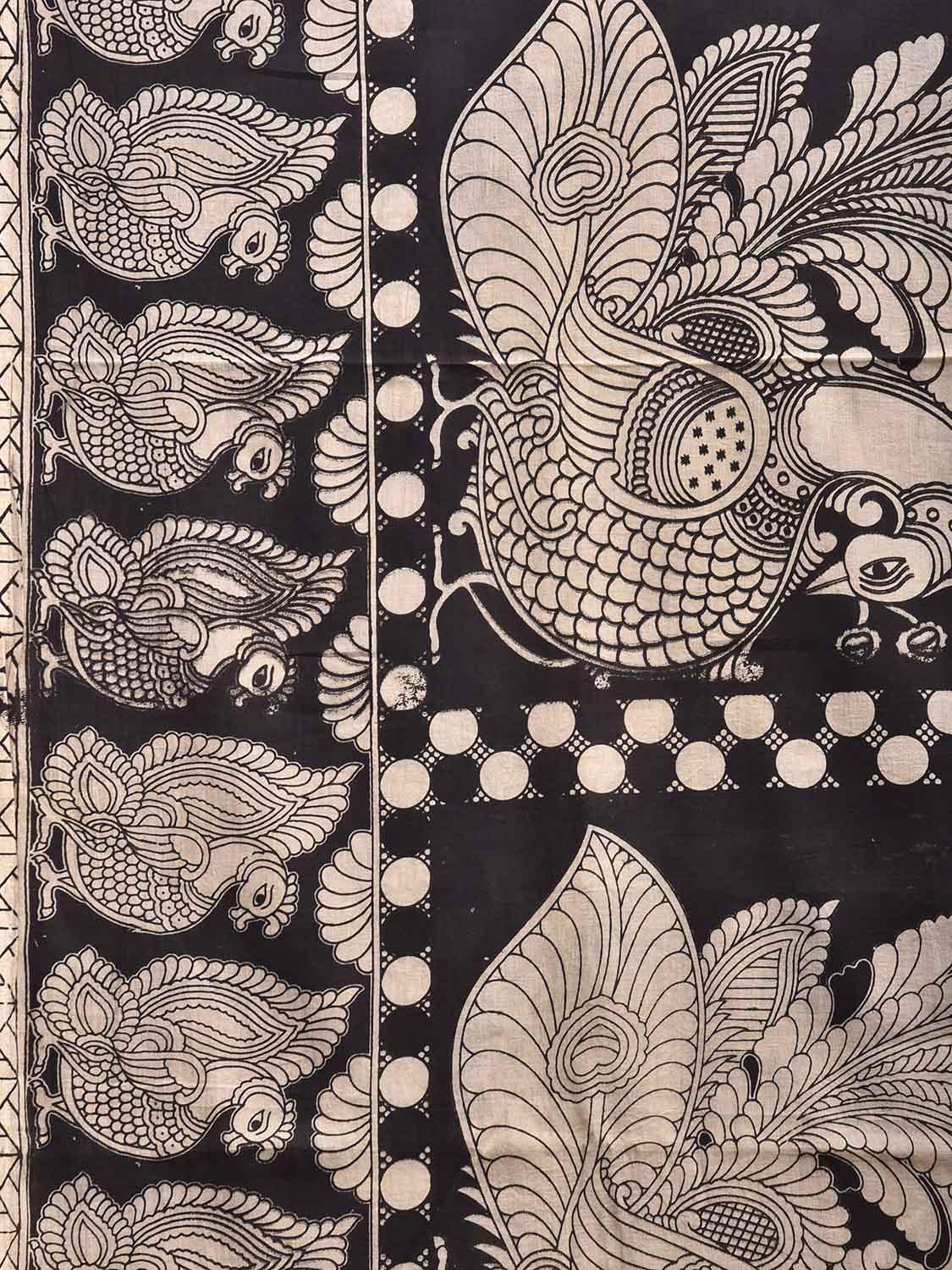 White and Black Kalamkari Digital Print Cotton Saree with Chequered and Peacocks Body Design KL0843