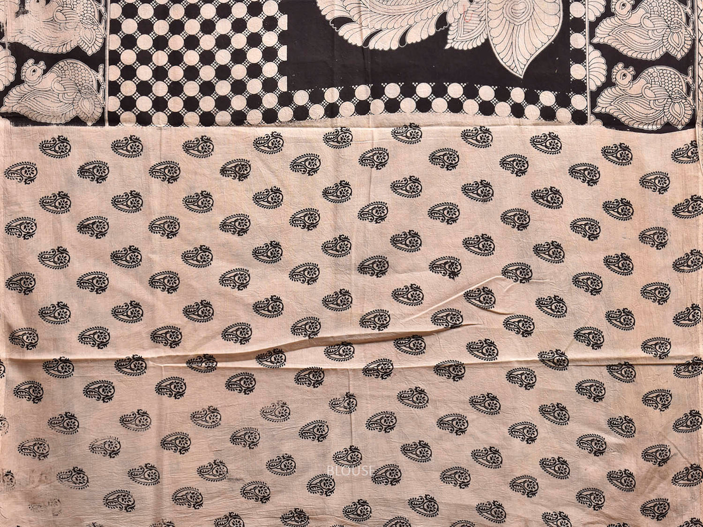 White and Black Kalamkari Digital Print Cotton Saree with Chequered and Peacocks Body Design KL0843