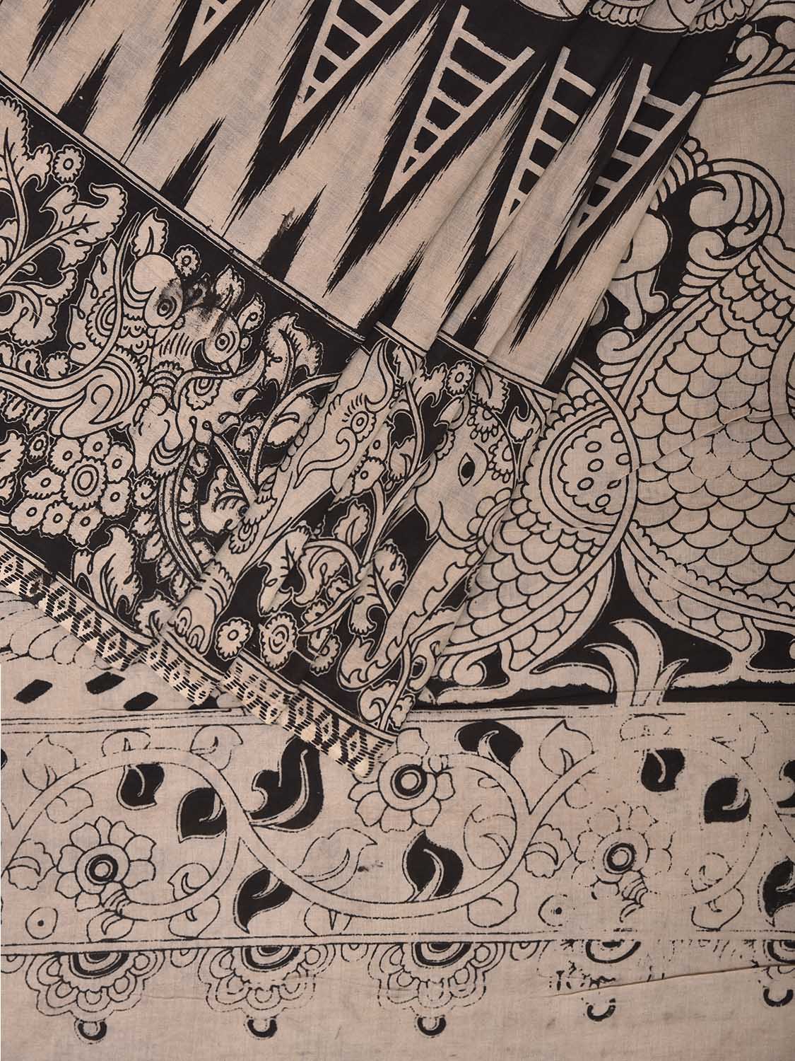 White and Black Kalamkari Digital Print Cotton Saree with Peacocks and Elephant Border Design KL0844