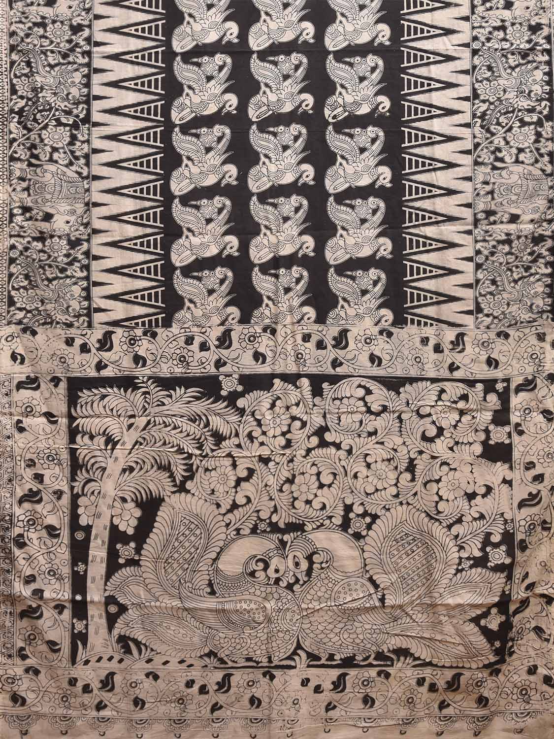 White and Black Kalamkari Digital Print Cotton Saree with Peacocks and Elephant Border Design KL0844