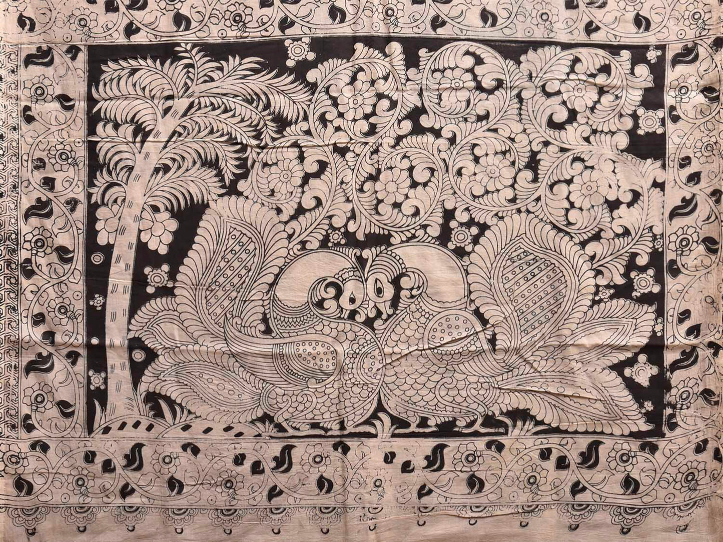 White and Black Kalamkari Digital Print Cotton Saree with Peacocks and Elephant Border Design KL0844