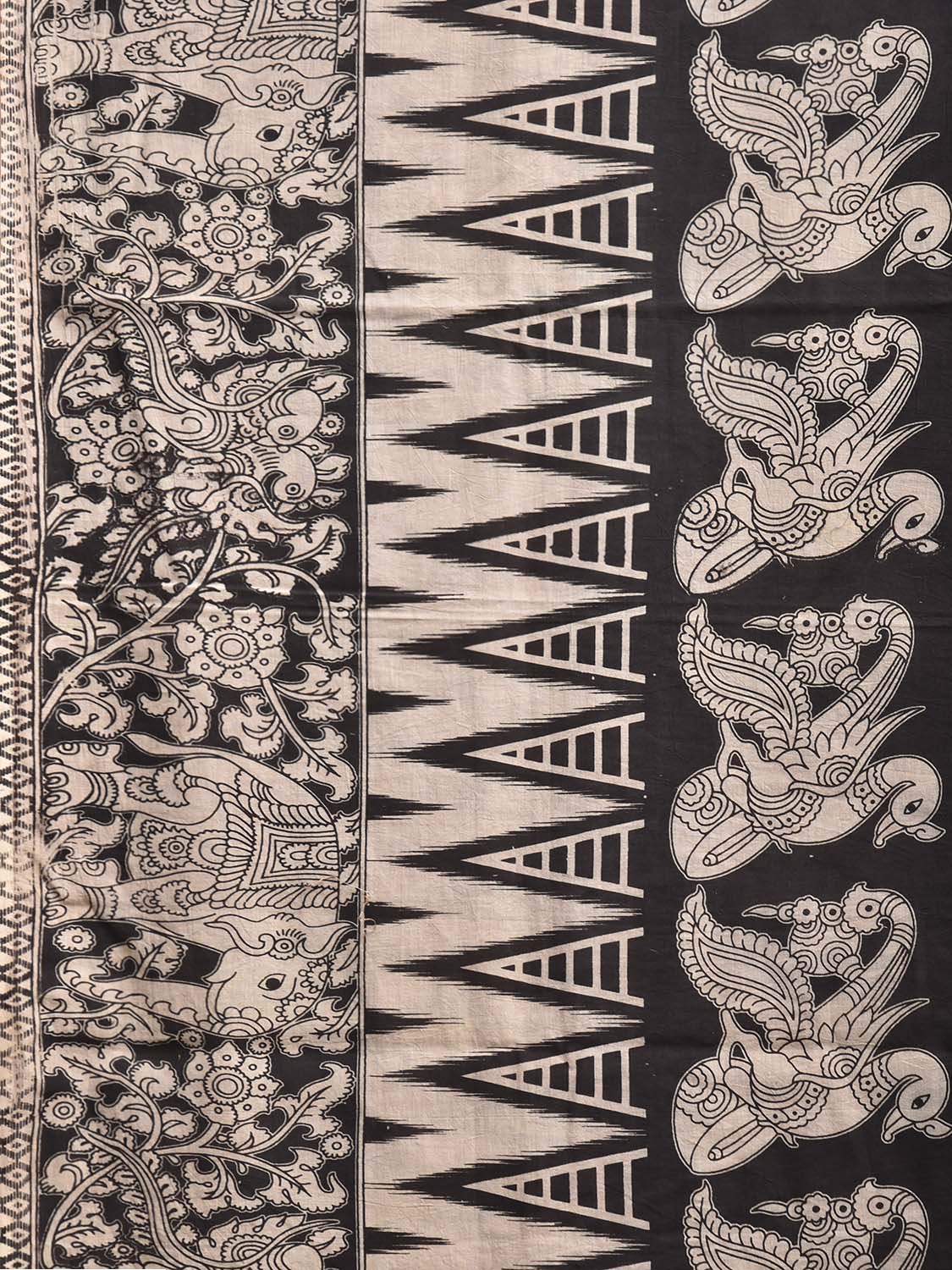 White and Black Kalamkari Digital Print Cotton Saree with Peacocks and Elephant Border Design KL0844